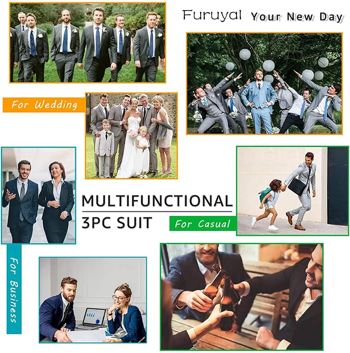 Men's Suits 3 Piece Slim Fit Suit Set,Two Button Wedding Business Tuxedo Solid Blazer Jacket Vest Pants with Tie