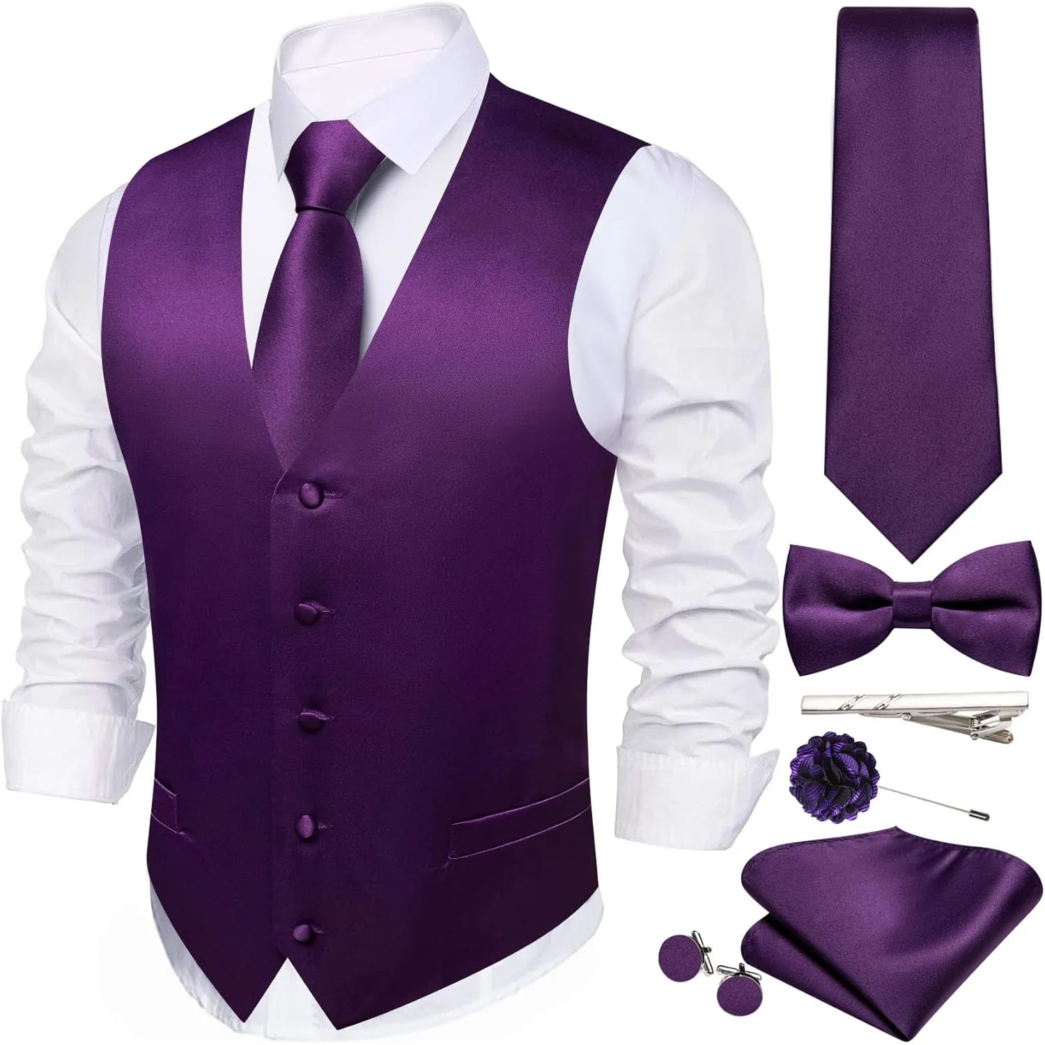Men's Vest Tie Set Bow Tie Satin V-Neck Solid Colors Suit Waistcoat Cufflinks hanky Formal Wedding Business Tuxedo