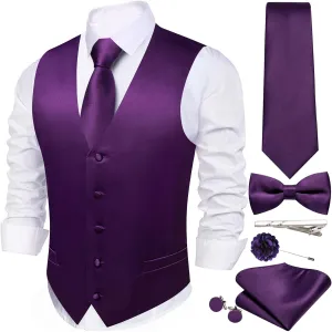 Men's Vest Tie Set Bow Tie Satin V-Neck Solid Colors Suit Waistcoat Cufflinks hanky Formal Wedding Business Tuxedo