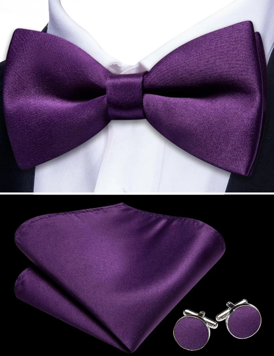 Men's Vest Tie Set Bow Tie Satin V-Neck Solid Colors Suit Waistcoat Cufflinks hanky Formal Wedding Business Tuxedo