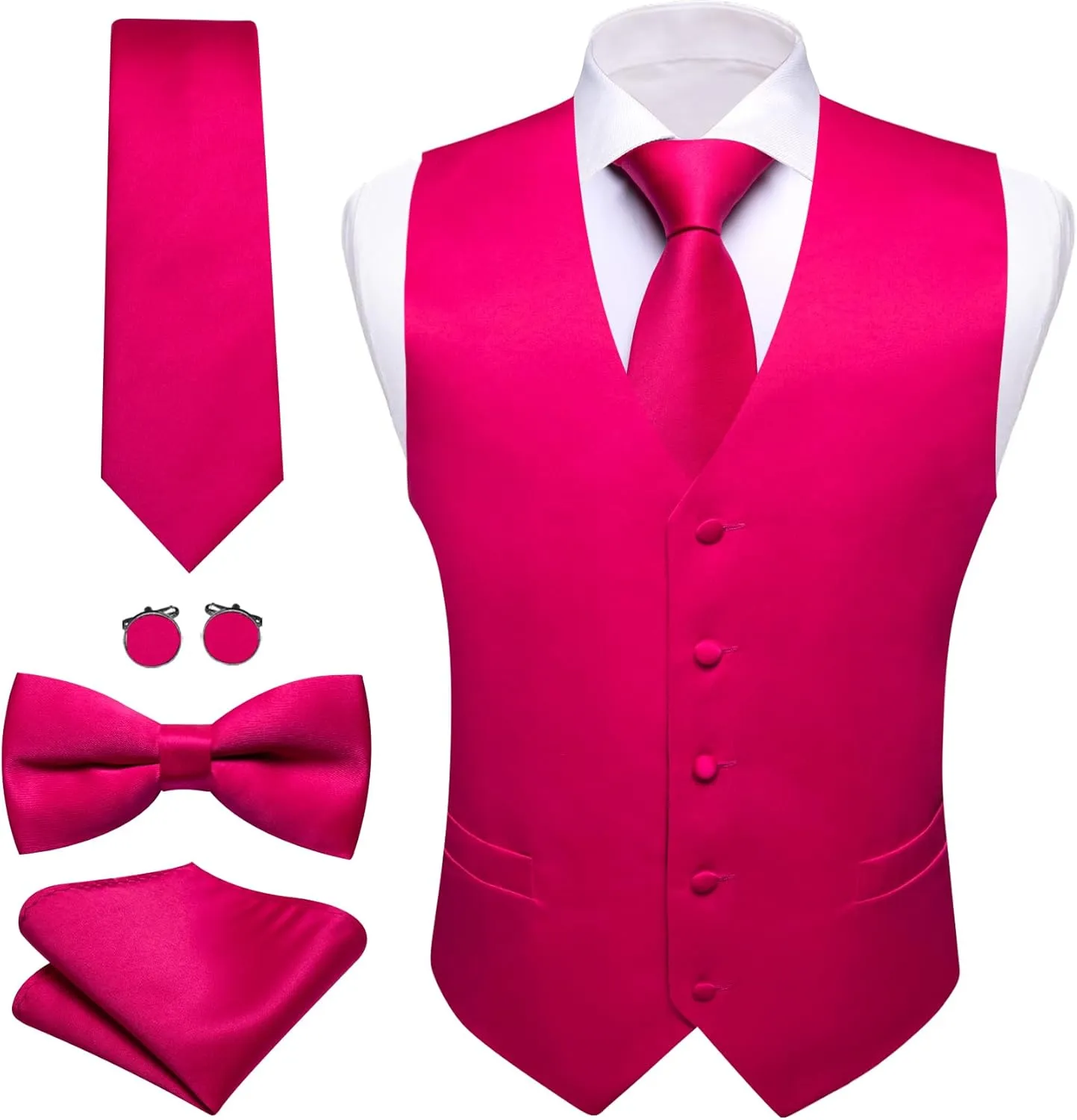 Men's Vest Tie Set Bow Tie Satin V-Neck Solid Colors Suit Waistcoat Cufflinks hanky Formal Wedding Business Tuxedo