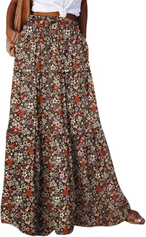 midelxp Boho Long Skirts for Women Summer High Waisted Western Skirt with Pockets Vacation Beach A-Line Flowy Maxi Skirts