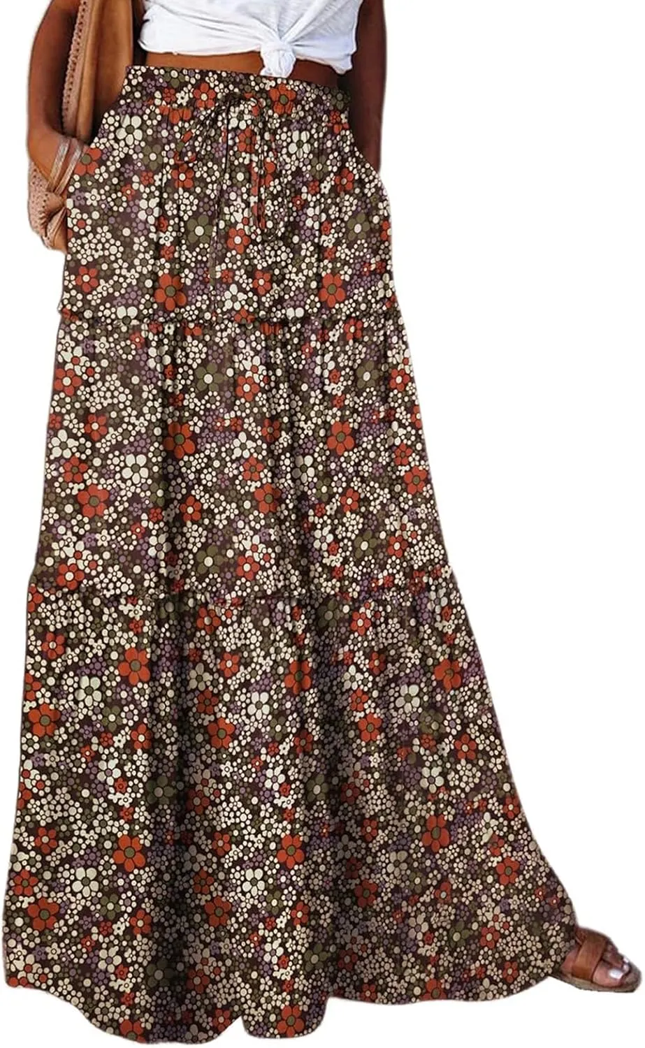 midelxp Boho Long Skirts for Women Summer High Waisted Western Skirt with Pockets Vacation Beach A-Line Flowy Maxi Skirts