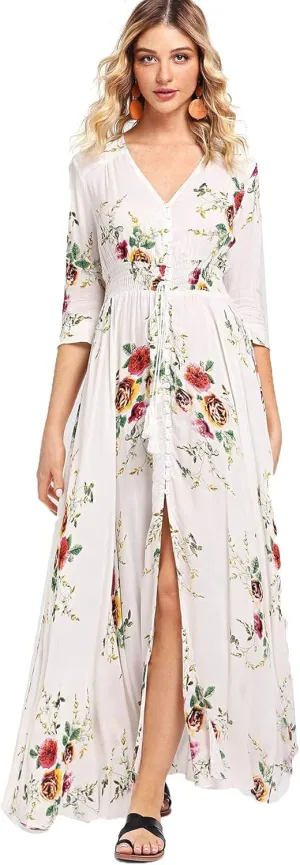 Milumia Summer Flowy Long Maxi Dress Button Up Split Floral Print Boho Dresses for Women 2024