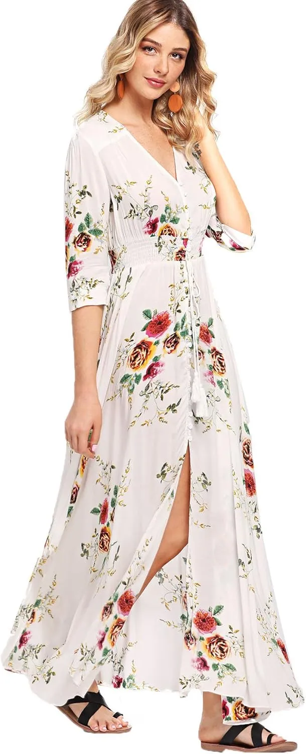 Milumia Summer Flowy Long Maxi Dress Button Up Split Floral Print Boho Dresses for Women 2024