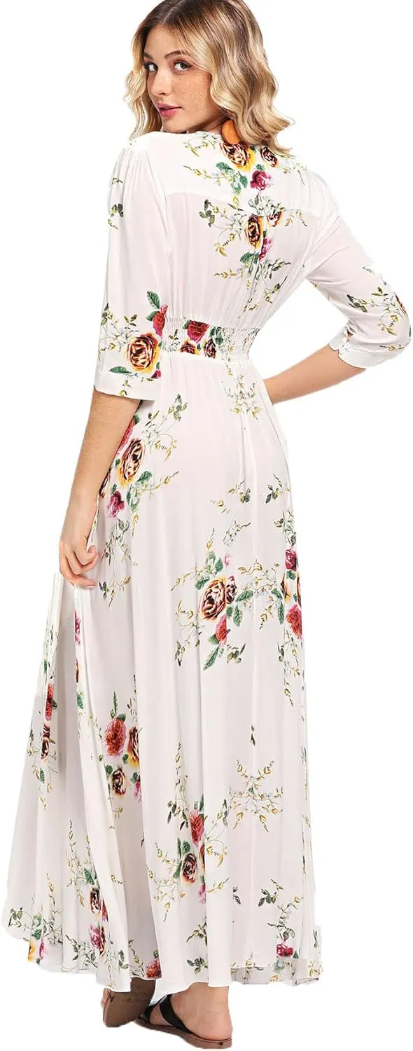 Milumia Summer Flowy Long Maxi Dress Button Up Split Floral Print Boho Dresses for Women 2024