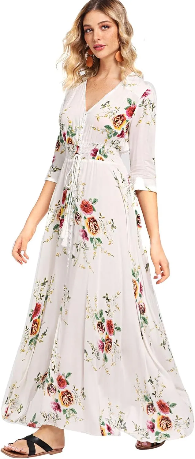 Milumia Summer Flowy Long Maxi Dress Button Up Split Floral Print Boho Dresses for Women 2024