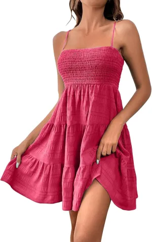Mini Dresses for Women Smocked Square Neck Spaghetti Strap Skater Dress Summer Loose Comfy Tiered Ruffle Sundress