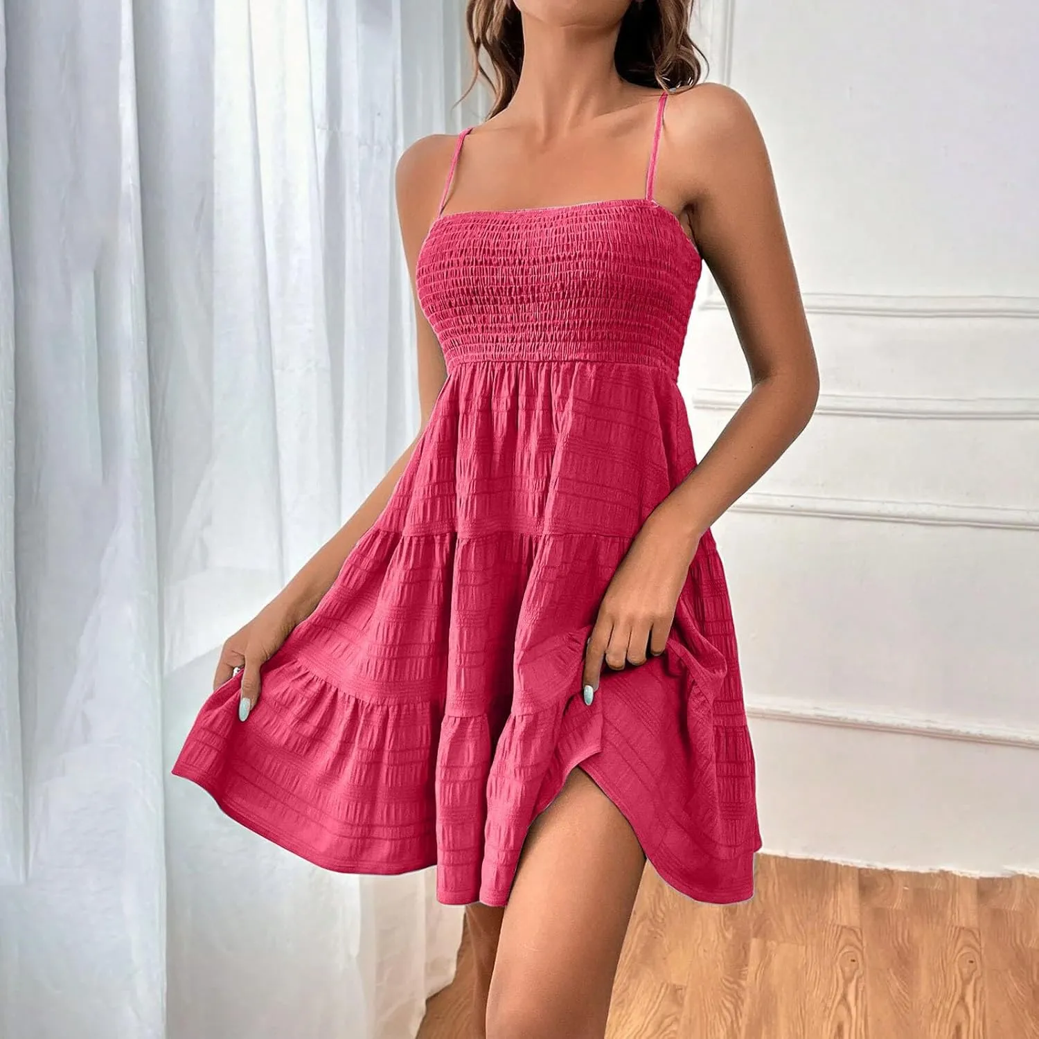 Mini Dresses for Women Smocked Square Neck Spaghetti Strap Skater Dress Summer Loose Comfy Tiered Ruffle Sundress
