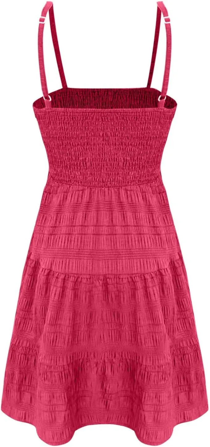 Mini Dresses for Women Smocked Square Neck Spaghetti Strap Skater Dress Summer Loose Comfy Tiered Ruffle Sundress
