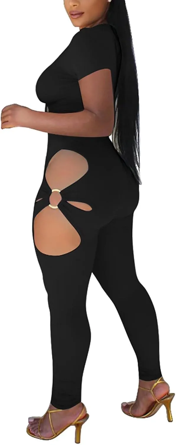 Mintsnow Women's Sexy Two Piece Outfits V Neck Ribbed Cut Out Long Sleeve Crop Top Bodycon Pants Sets Sweatsuit Tracksuits