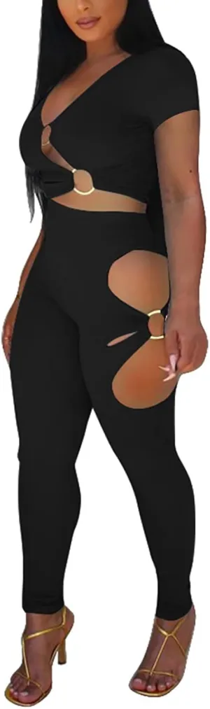 Mintsnow Women's Sexy Two Piece Outfits V Neck Ribbed Cut Out Long Sleeve Crop Top Bodycon Pants Sets Sweatsuit Tracksuits