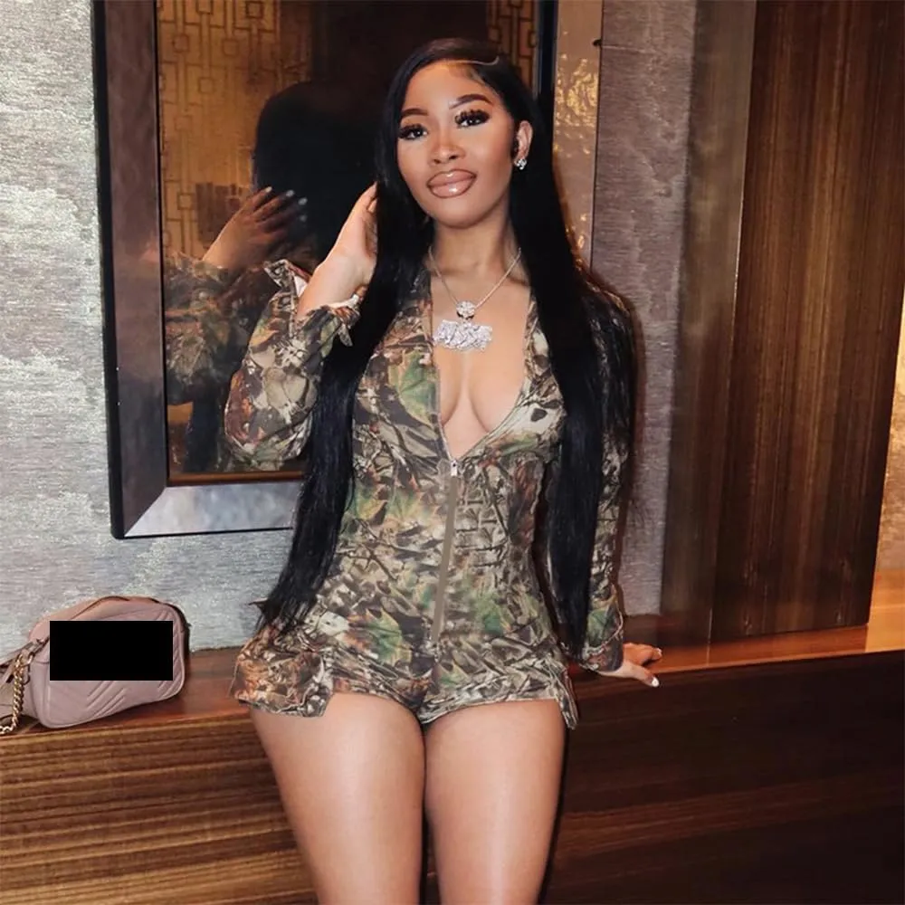 Molilove Womens Casual Camouflage Jumpsuit Y2K Long Sleeve Zipper Cargo Shorts Romper Camo One Piece Outfits Streetwear