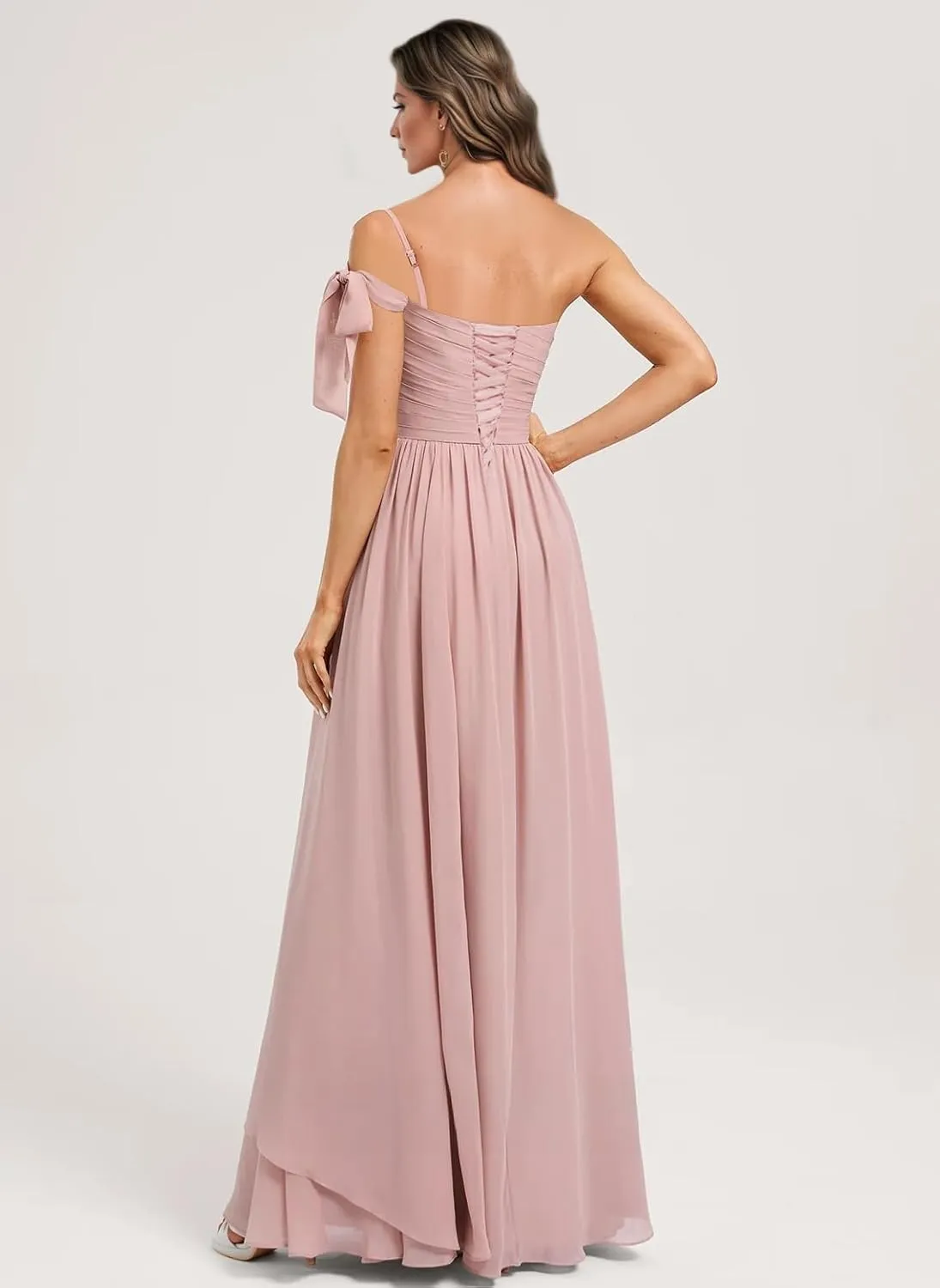 Monvelli Women's One Shoulder Bow Bridesmaid Dresses with Pockets Long Pleats Chiffon Formal Evening Gowns with Slit