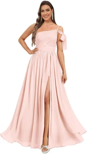 Monvelli Women's One Shoulder Bow Bridesmaid Dresses with Pockets Long Pleats Chiffon Formal Evening Gowns with Slit