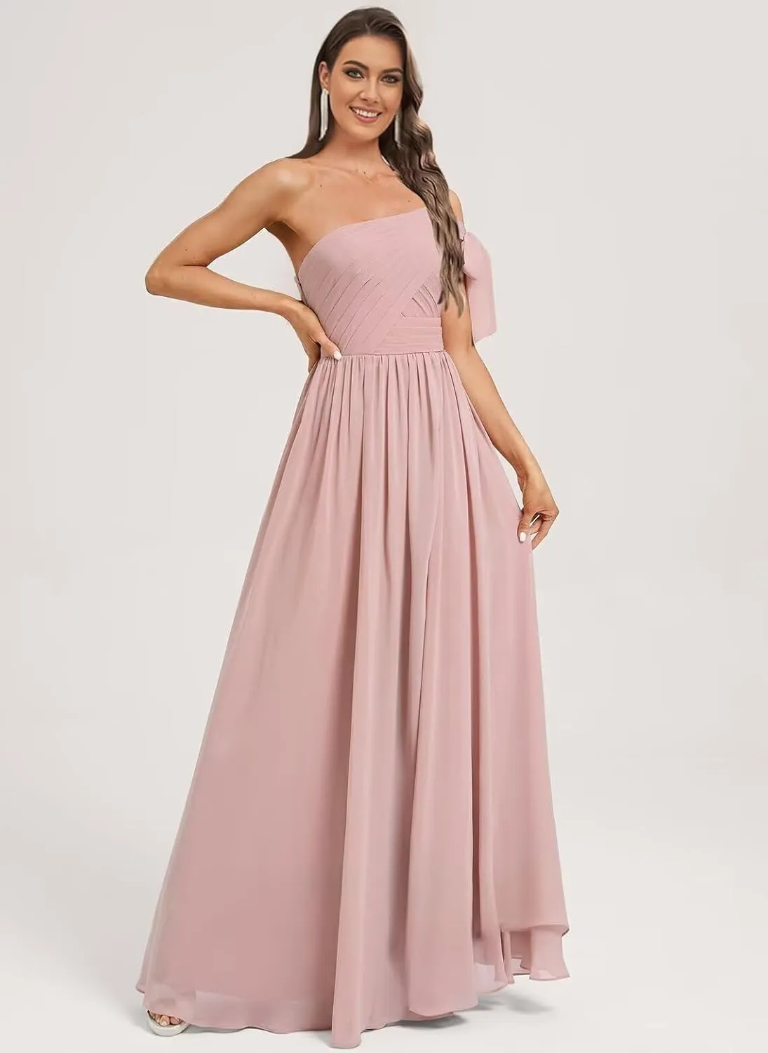 Monvelli Women's One Shoulder Bow Bridesmaid Dresses with Pockets Long Pleats Chiffon Formal Evening Gowns with Slit