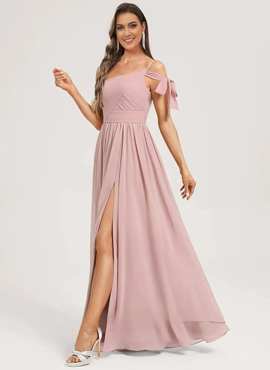 Monvelli Women's One Shoulder Bow Bridesmaid Dresses with Pockets Long Pleats Chiffon Formal Evening Gowns with Slit