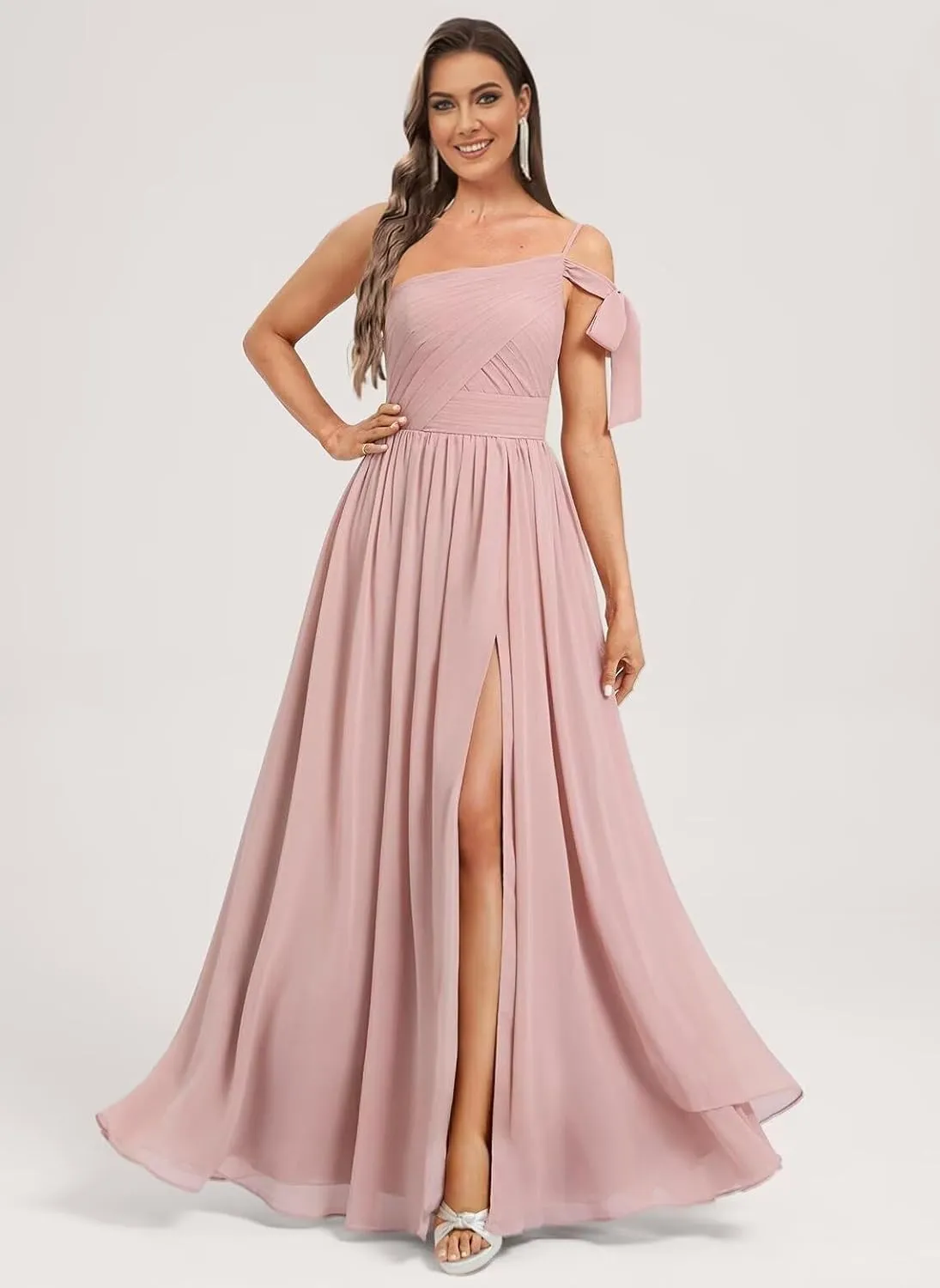 Monvelli Women's One Shoulder Bow Bridesmaid Dresses with Pockets Long Pleats Chiffon Formal Evening Gowns with Slit