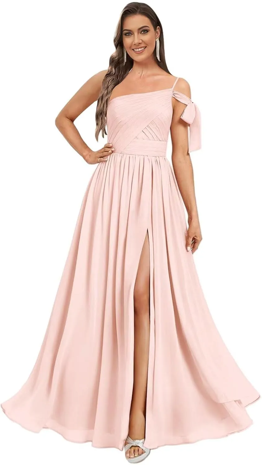 Monvelli Women's One Shoulder Bow Bridesmaid Dresses with Pockets Long Pleats Chiffon Formal Evening Gowns with Slit