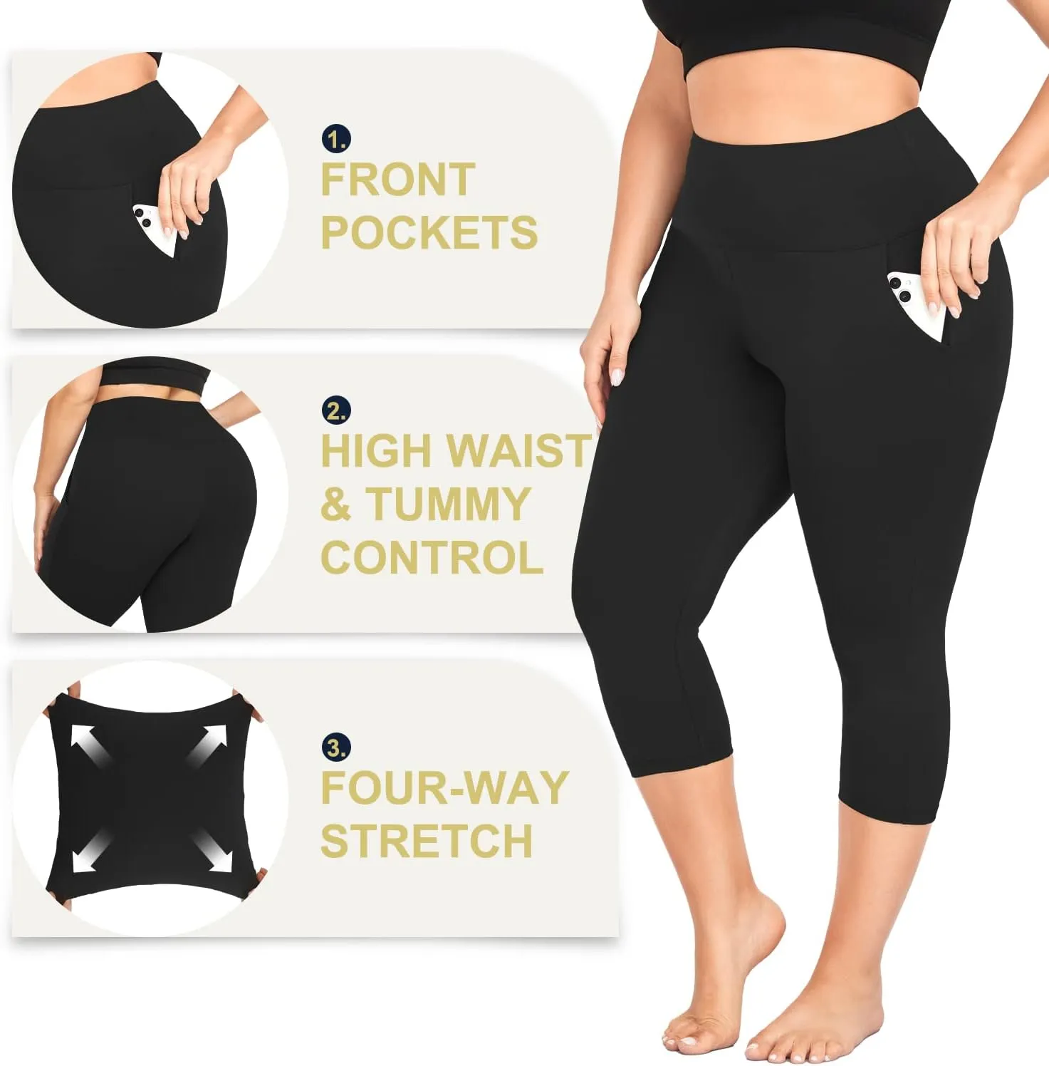 MOREFEEL Capri Plus Size Leggings for Women with Pockets-Stretchy XL-4XL Tummy Control High Waist Workout Black Yoga Pants