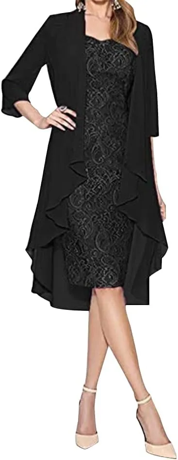 Mother of The Bride Dress Womens Summer 2 Piece Outfits Chiffon Lace Formal Evening Party Dress Casual Cocktail Dresses