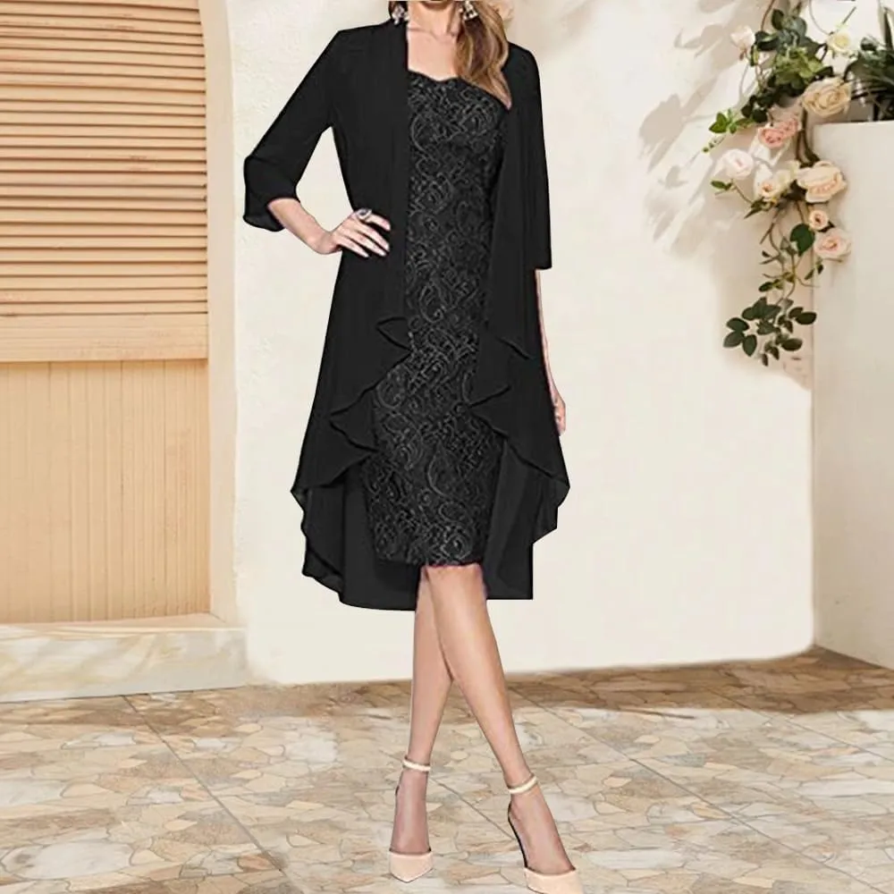 Mother of The Bride Dress Womens Summer 2 Piece Outfits Chiffon Lace Formal Evening Party Dress Casual Cocktail Dresses