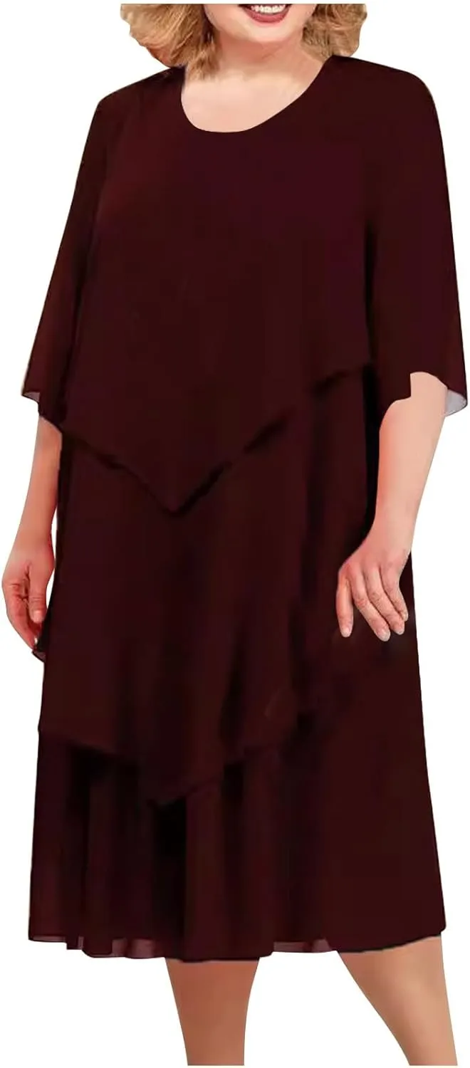 Mother of The Bride Dresses for Wedding 2025 Plus Size 3/4 Sleeve Crewneck Solid Tiered Chiffon Casual Midi Dress