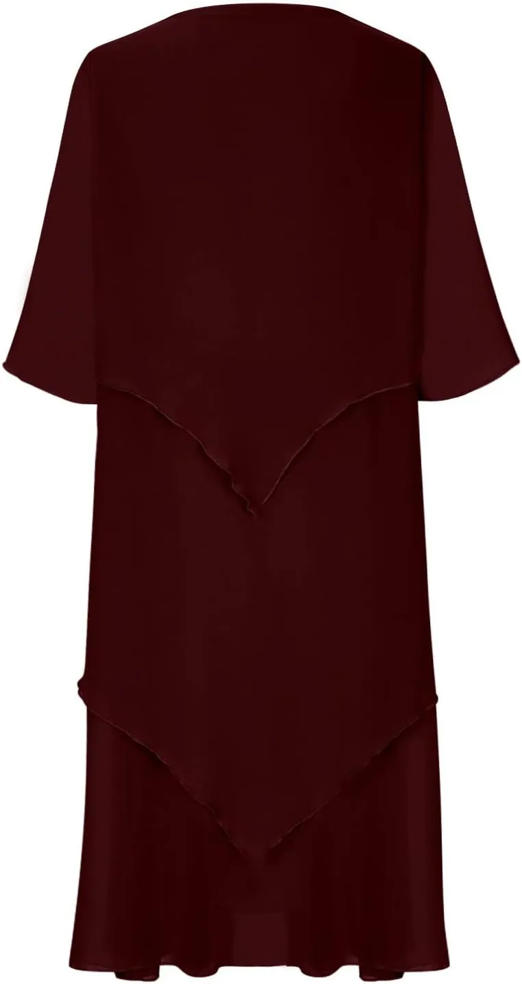 Mother of The Bride Dresses for Wedding 2025 Plus Size 3/4 Sleeve Crewneck Solid Tiered Chiffon Casual Midi Dress