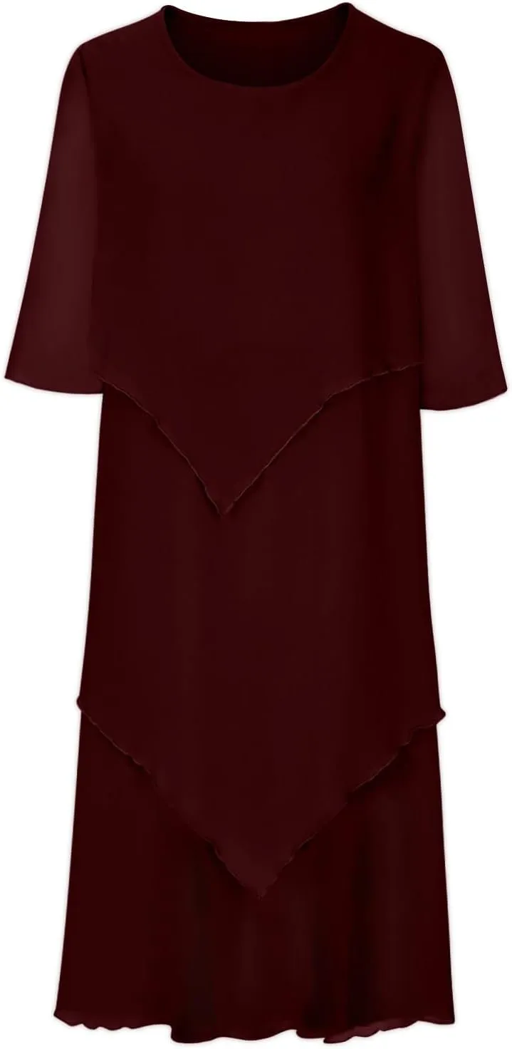 Mother of The Bride Dresses for Wedding 2025 Plus Size 3/4 Sleeve Crewneck Solid Tiered Chiffon Casual Midi Dress