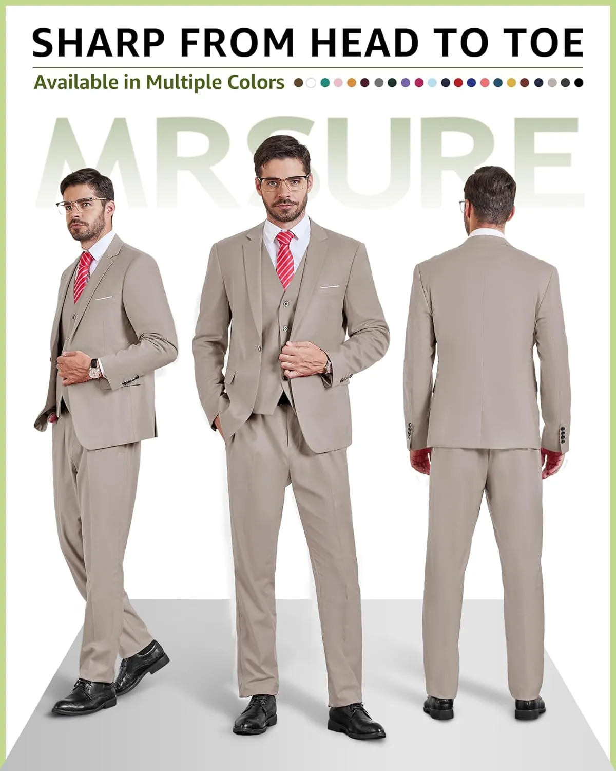 MrSure Mens 3 Piece Suit Blazer, Slim Fit Tux with One Button, Jacket Vest Pants & Tie Set for Party, Wedding and Business