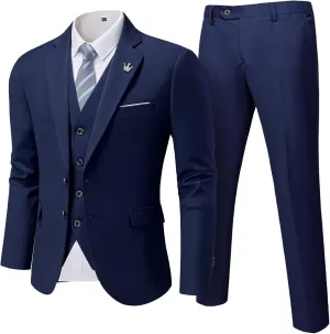 MrSure Men's 3 Pieces Suit, Solid Slim Fit Two Buttons Blazer Set, Jacket Vest Pants with Tie for Wedding Party Business