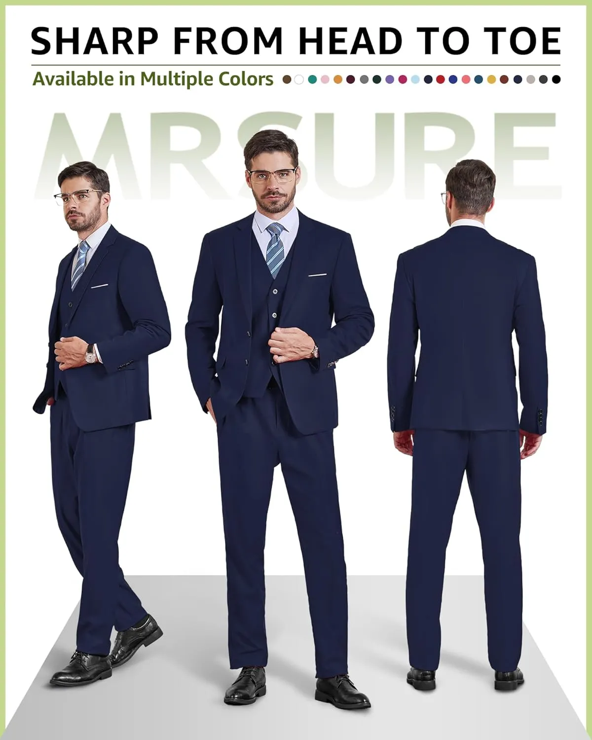 MrSure Men's 3 Pieces Suit, Solid Slim Fit Two Buttons Blazer Set, Jacket Vest Pants with Tie for Wedding Party Business