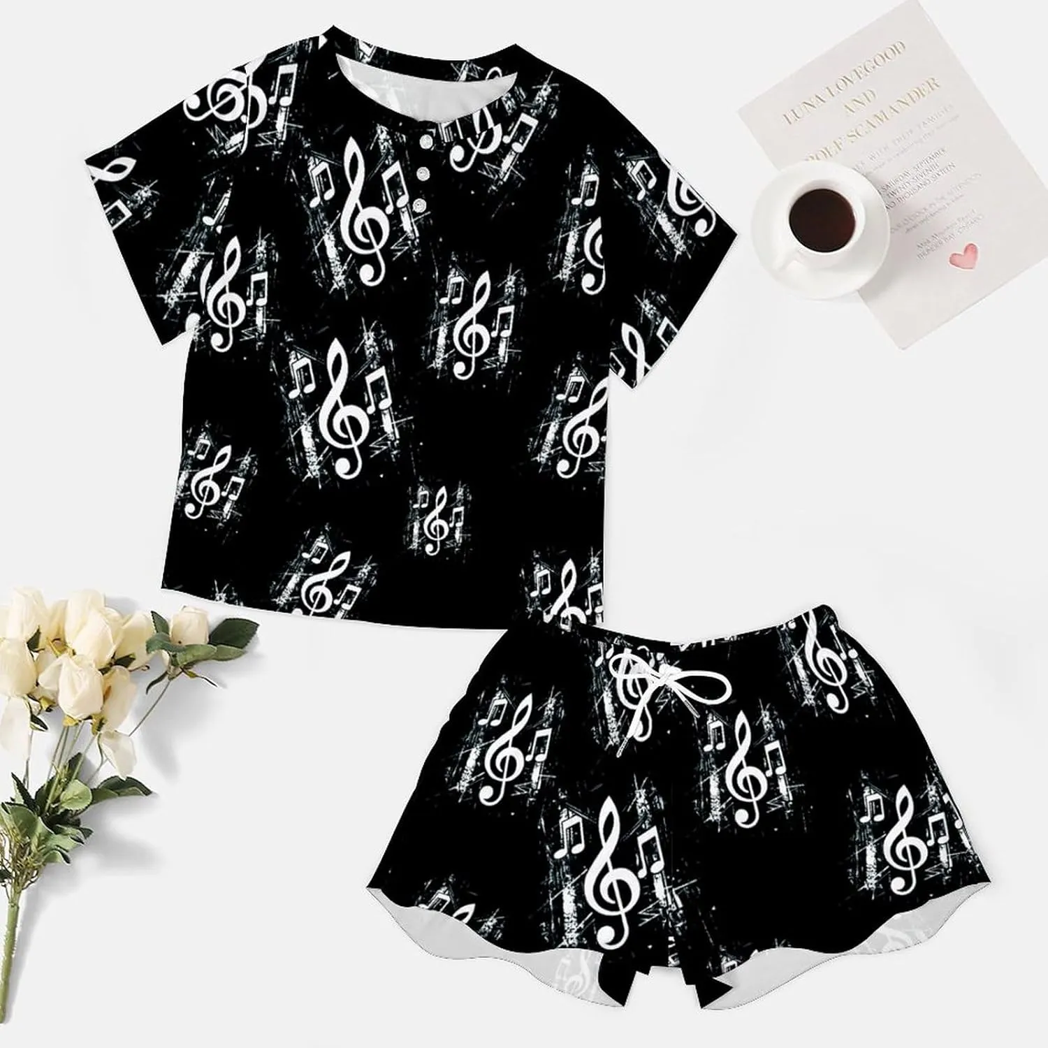 Musical Note Music Pajamas for Women Set Button Down Loungewear Short Sleeve Pjs Lounge Set Soft Comfy 2 Piece
