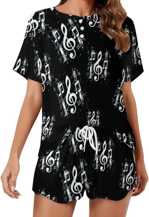 Musical Note Music Pajamas for Women Set Button Down Loungewear Short Sleeve Pjs Lounge Set Soft Comfy 2 Piece