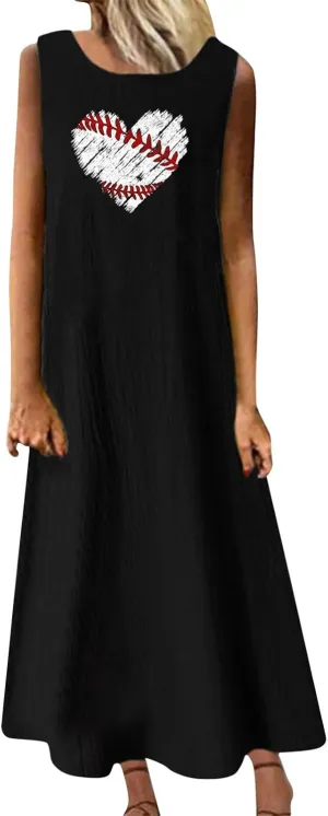 Mzkdieey Maxi Dresses for Women Baseball Heart Print Tank Dress Summer Casual Sleeveless Cotton Linen Beach Sundress