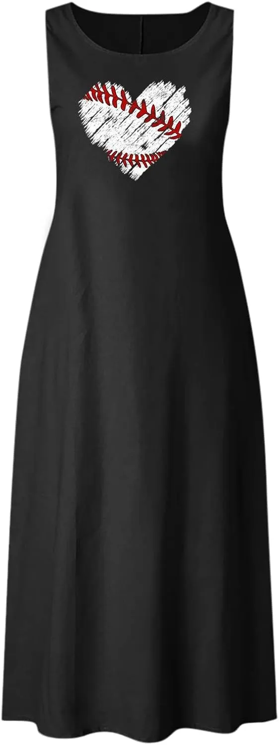 Mzkdieey Maxi Dresses for Women Baseball Heart Print Tank Dress Summer Casual Sleeveless Cotton Linen Beach Sundress
