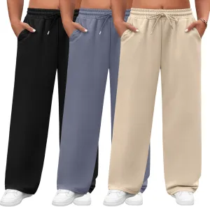 Neer 3 Pack Women's Plus Size Sweatpants Wide Leg Cargo Lounge Pants High Waist Ladies' Slacks Drawstring Jogger with Pockets