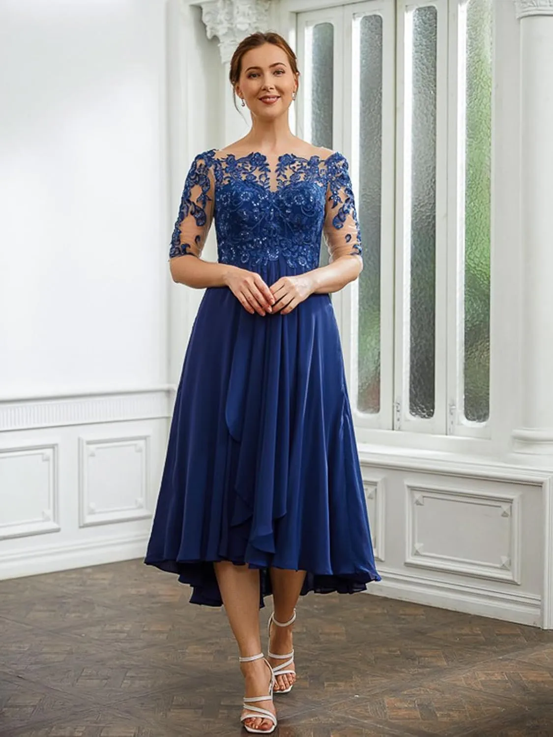 OFEECHUN Tea Length Mother of The Bride Dresses for Wedding Half Sleeve Chiffon Lace Formal Evening Gowns