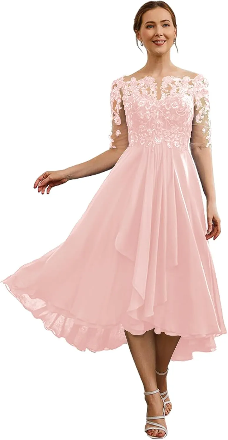 OFEECHUN Tea Length Mother of The Bride Dresses for Wedding Half Sleeve Chiffon Lace Formal Evening Gowns