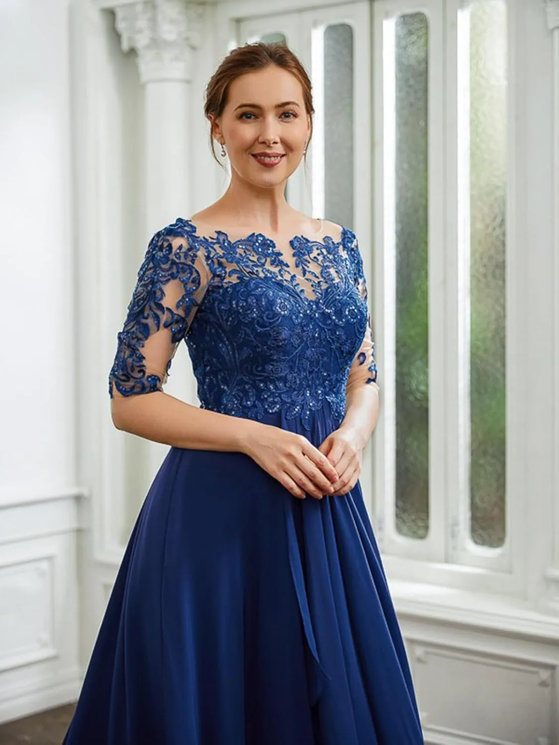 OFEECHUN Tea Length Mother of The Bride Dresses for Wedding Half Sleeve Chiffon Lace Formal Evening Gowns