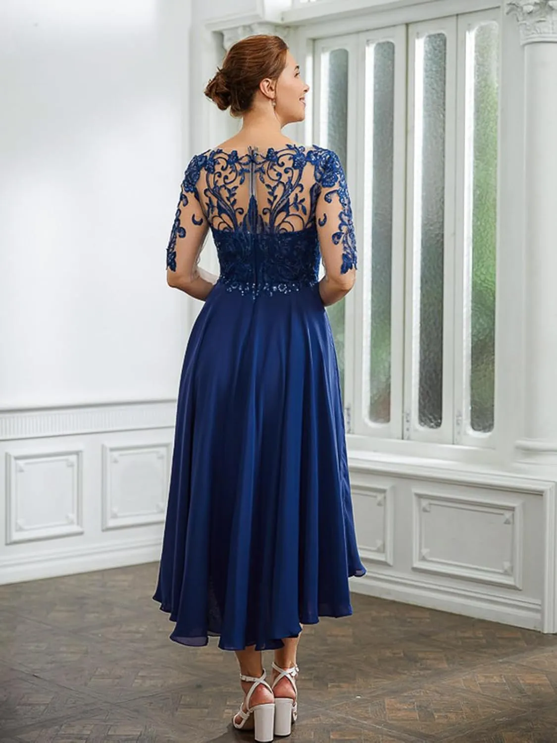OFEECHUN Tea Length Mother of The Bride Dresses for Wedding Half Sleeve Chiffon Lace Formal Evening Gowns