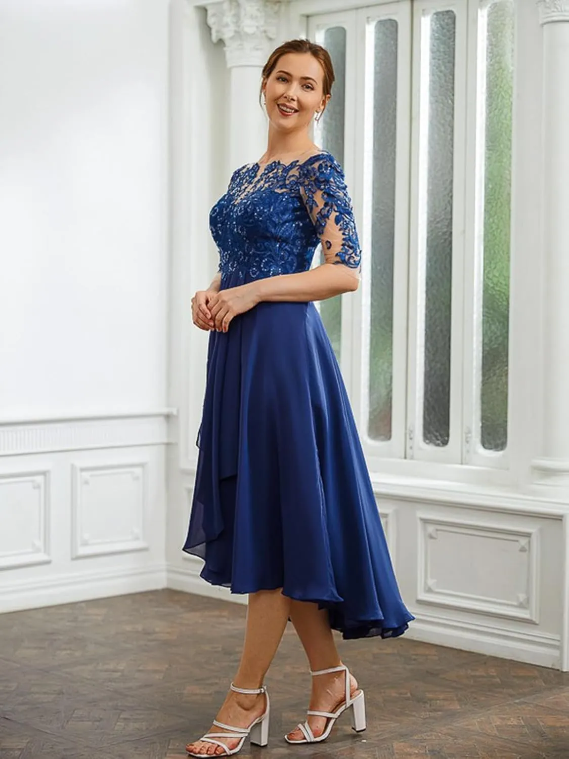 OFEECHUN Tea Length Mother of The Bride Dresses for Wedding Half Sleeve Chiffon Lace Formal Evening Gowns