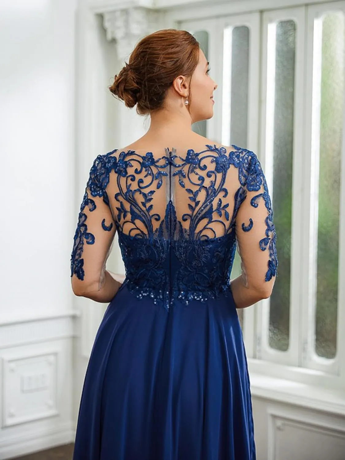 OFEECHUN Tea Length Mother of The Bride Dresses for Wedding Half Sleeve Chiffon Lace Formal Evening Gowns