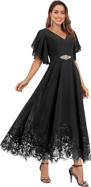 OFEECHUN Women's V Neck Chiffon Mother of The Bride Dresses for Wedding Tea Length Lace Formal Dress with Sleeves