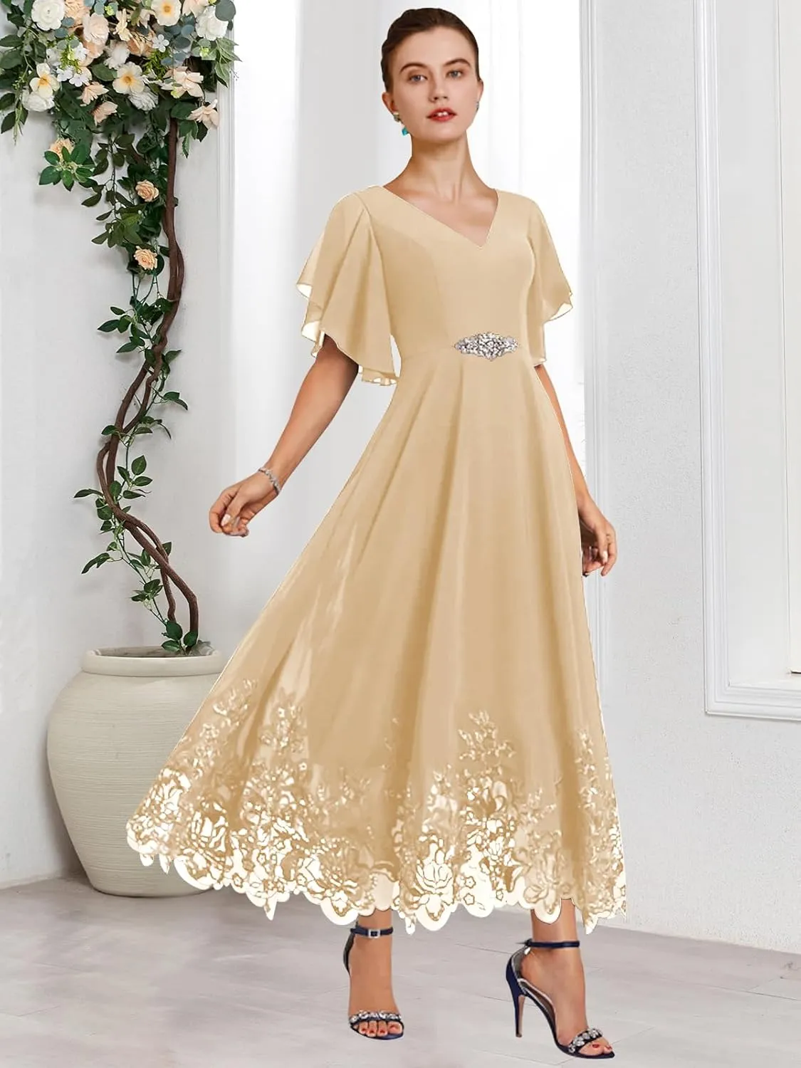 OFEECHUN Women's V Neck Chiffon Mother of The Bride Dresses for Wedding Tea Length Lace Formal Dress with Sleeves