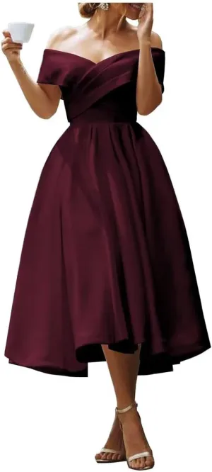 Off Shoulder Midi Cocktail Dress Satin Formal Dress for Women with Pockets Tea Length Party Gowns BSCK005