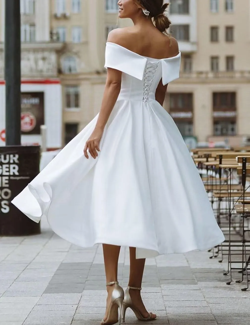Off Shoulder Midi Cocktail Dress Satin Formal Dress for Women with Pockets Tea Length Party Gowns BSCK005