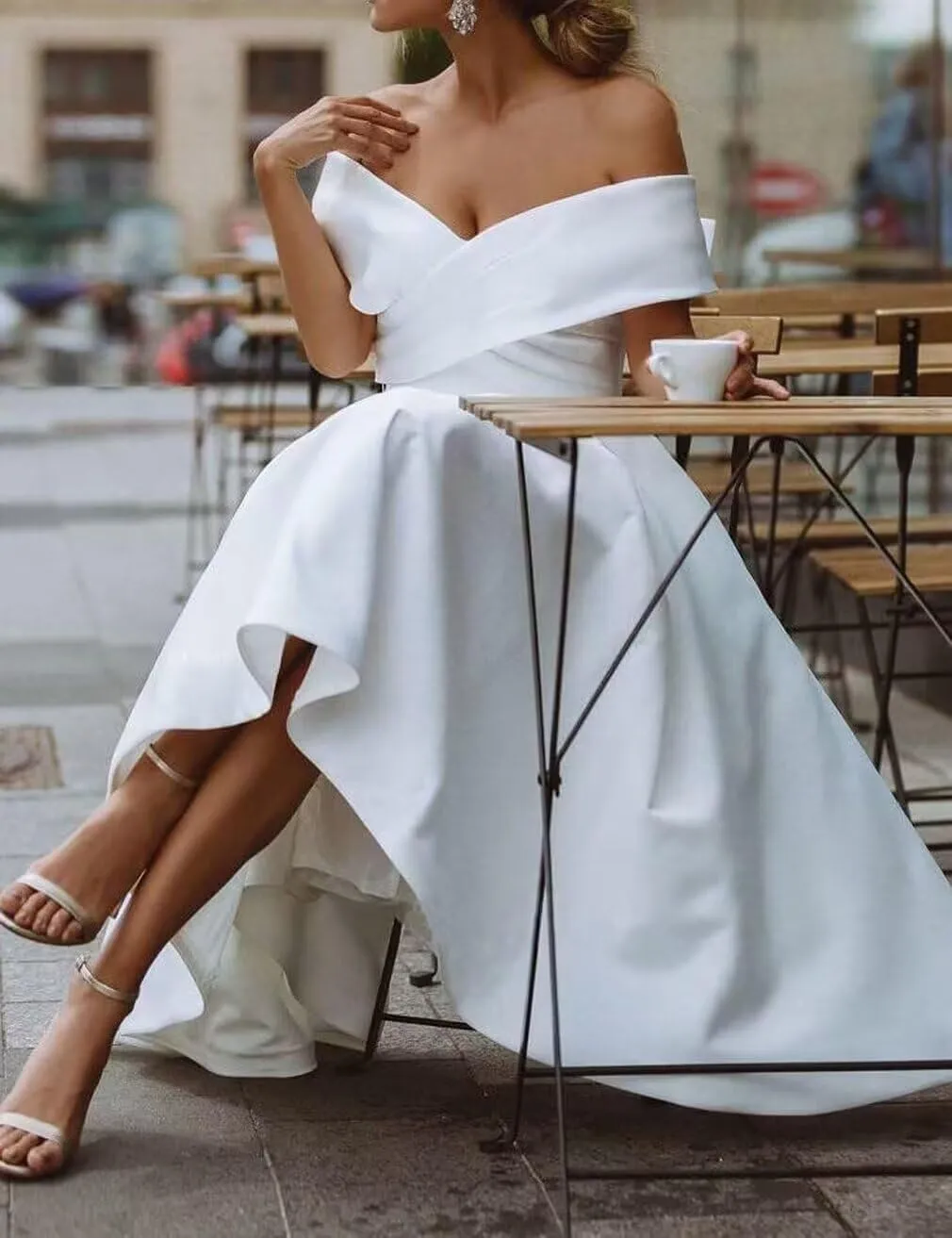 Off Shoulder Midi Cocktail Dress Satin Formal Dress for Women with Pockets Tea Length Party Gowns BSCK005