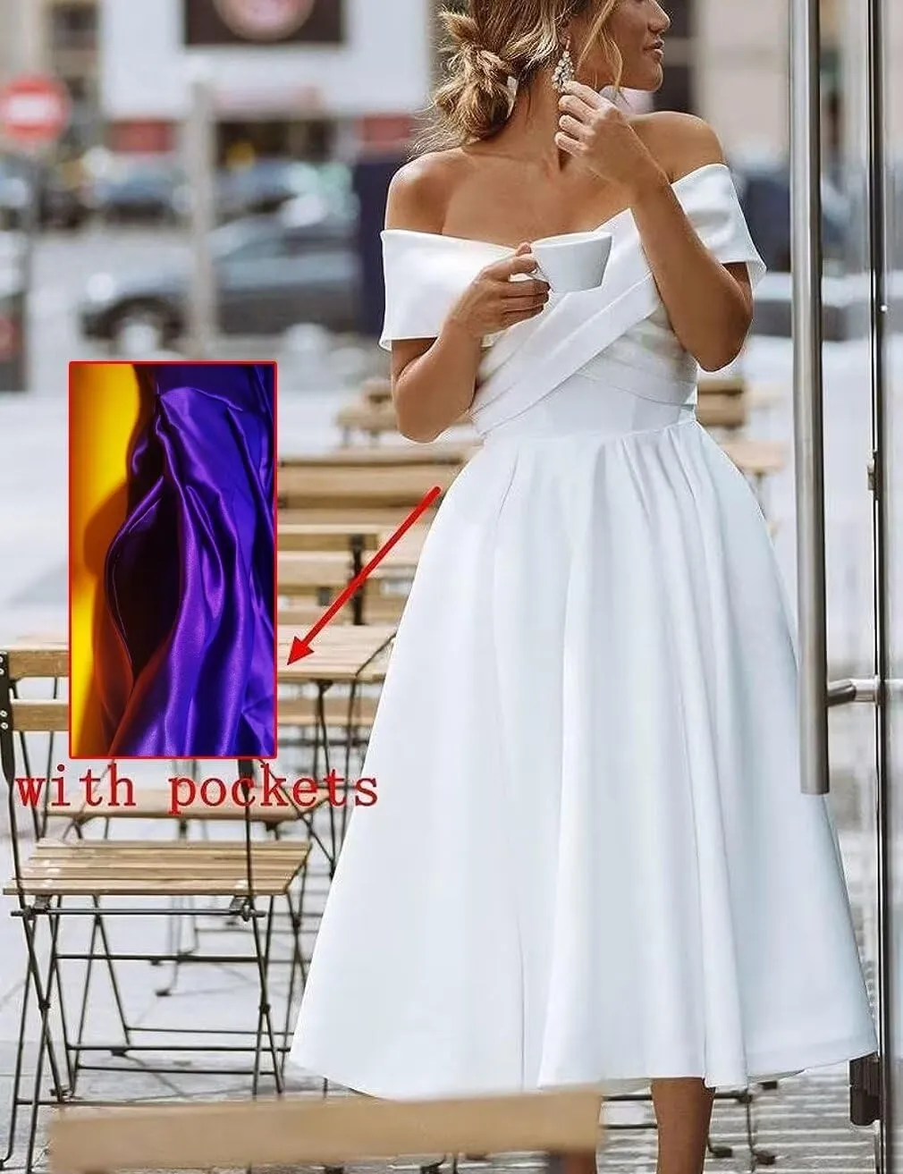 Off Shoulder Midi Cocktail Dress Satin Formal Dress for Women with Pockets Tea Length Party Gowns BSCK005