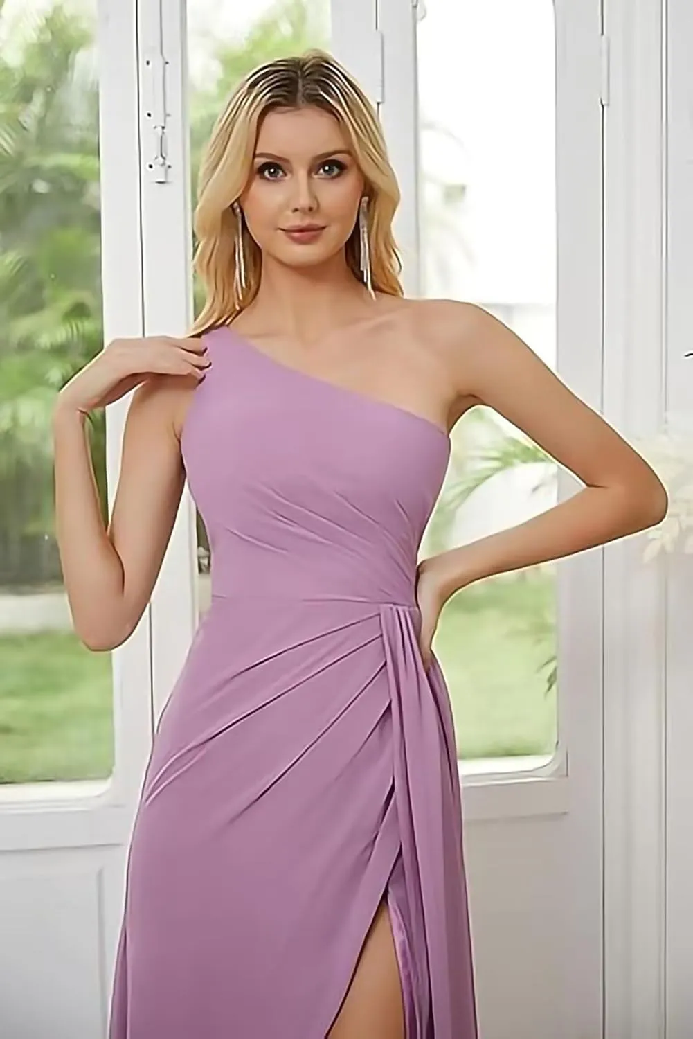 One Shoulder Bridesmaid Dresses for Women Long A Line Formal Dress with Slit Ruched Chiffon Evening Gown